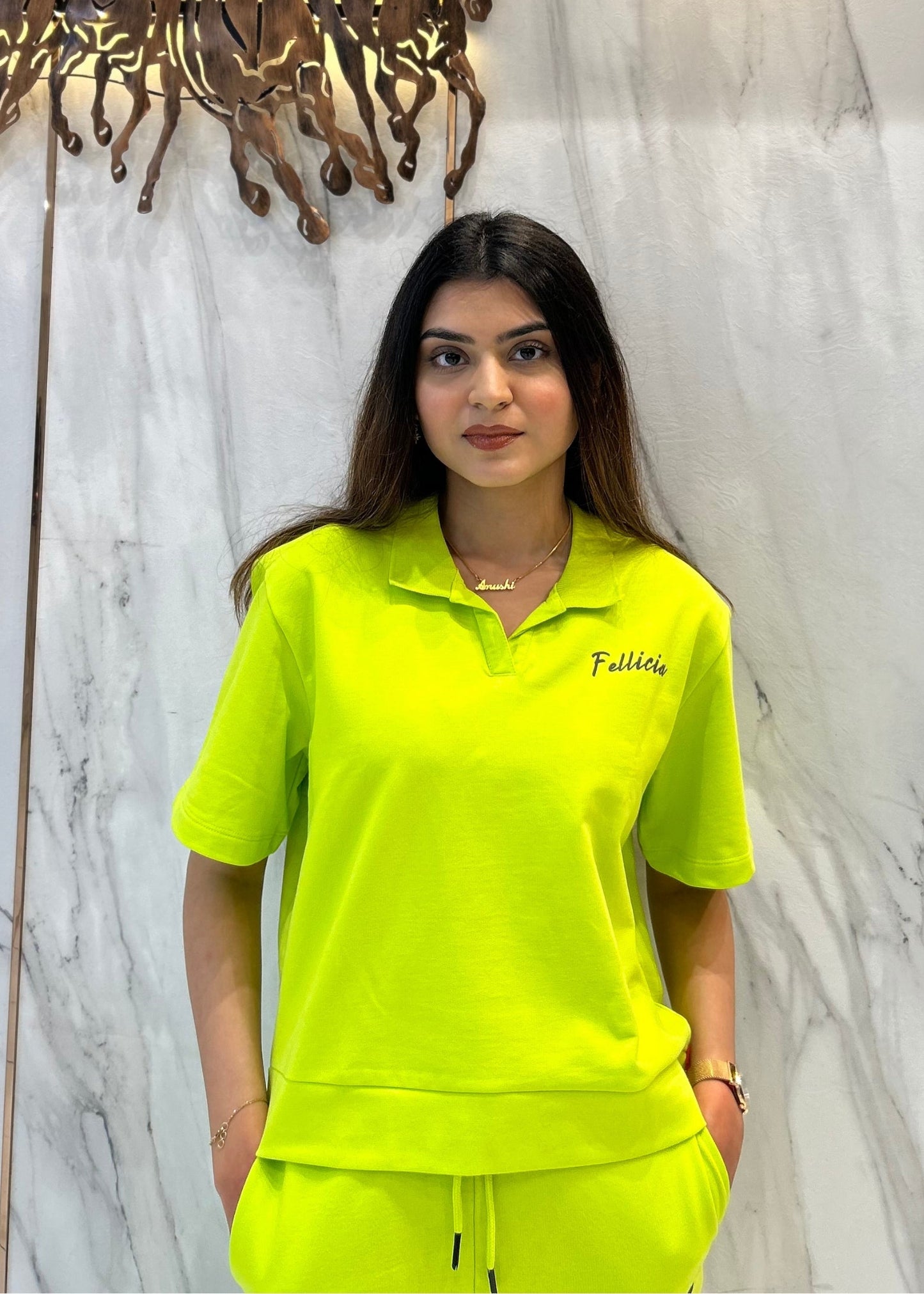 Co-ord Set (Limettengrün) Französisches Polo-T-Shirt & Jogginghose für Damen