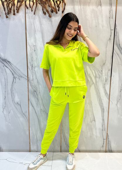 Co-ord Set (Lime Green) French Polo T-shirt & Joggers for Women