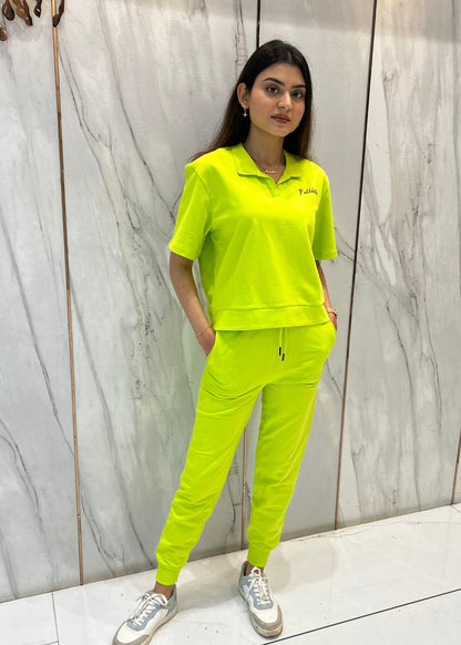 Co-ord Set (Lime Green) French Polo T-shirt & Joggers for Women