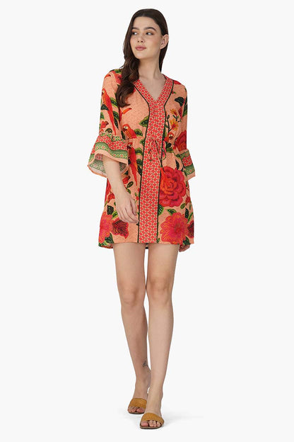 Tropical Bloom Bell Sleeve Tunic Dress