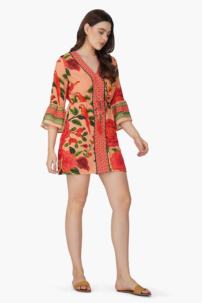 Tropical Bloom Bell Sleeve Tunic Dress