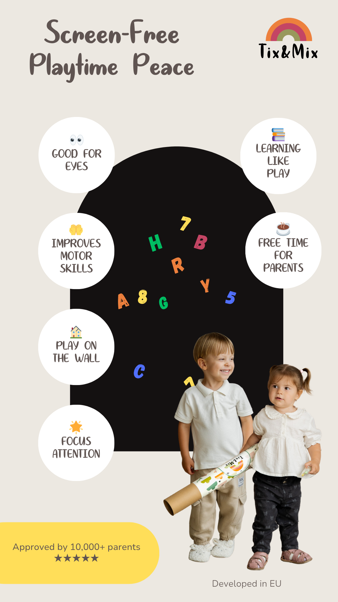 An infographic highlighting the benefits of screen-free magnetic wall play for kids.