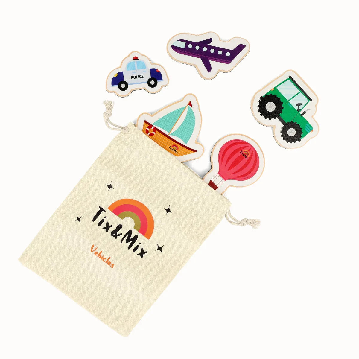 A colorful wooden magnetic vehicles toy set and Tix&Mix vehicles beige pouch.