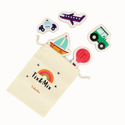 A colorful wooden magnetic vehicles toy set and Tix&Mix vehicles beige pouch.