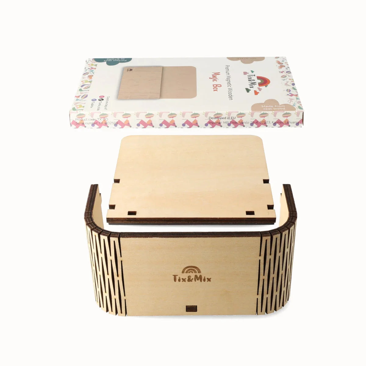 A setup of Tix&Mix premium magnetic wooden Magic Box for kids.