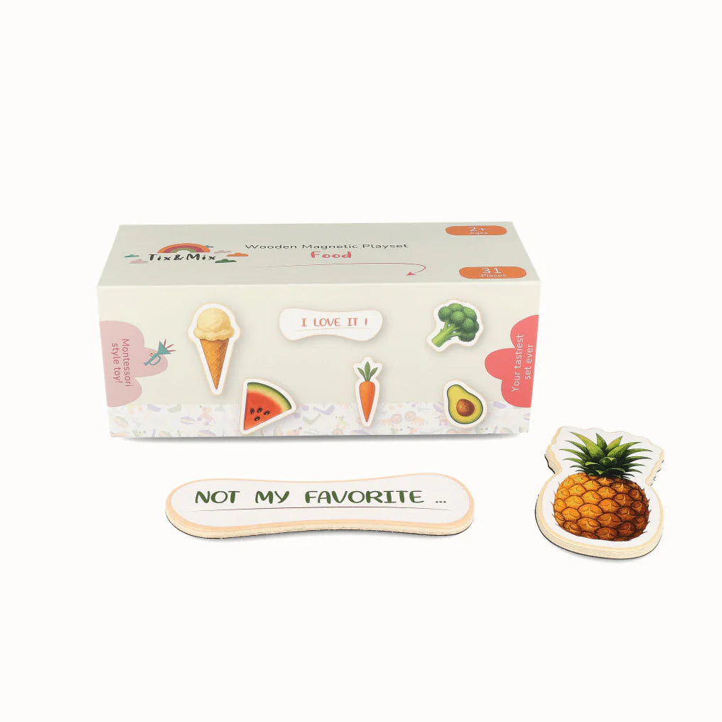 A product display of Tix&Mix wooden magnetic food playset packaging box.