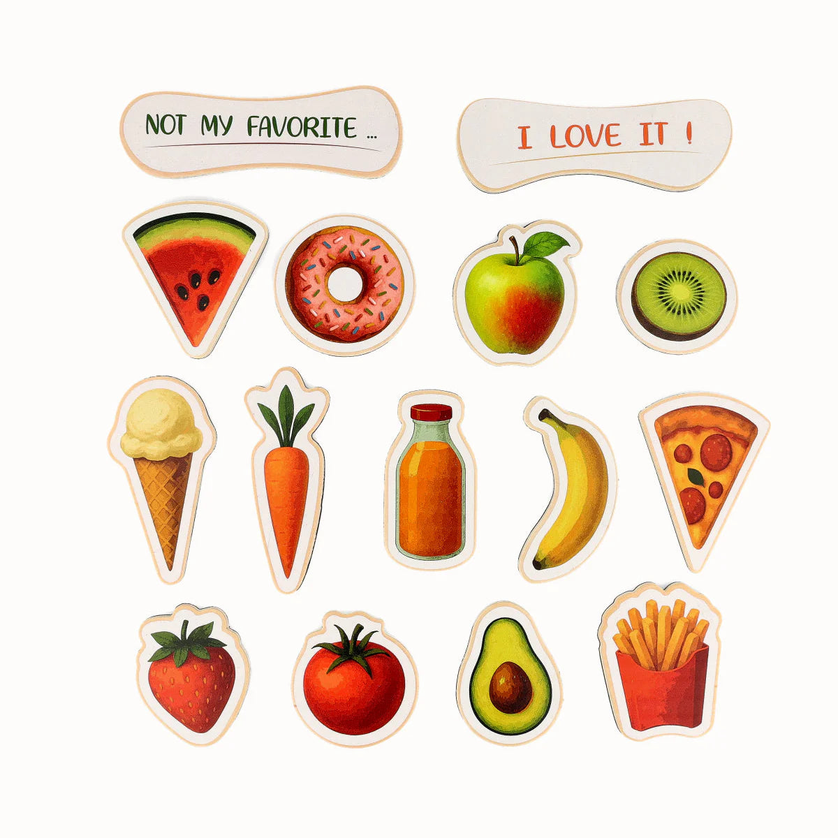A display of the components of the Tix&Mix wooden magnetic food playset.