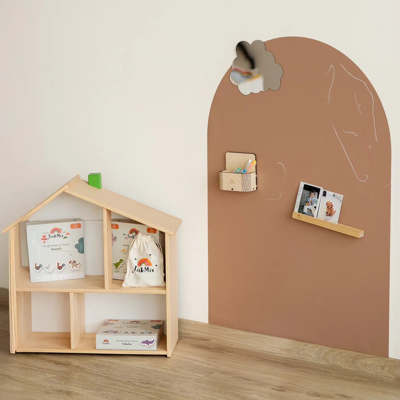 A product display of Tix&Mix brown magnetic wall decal featuring a magic Box and Treasure Shelf on it.