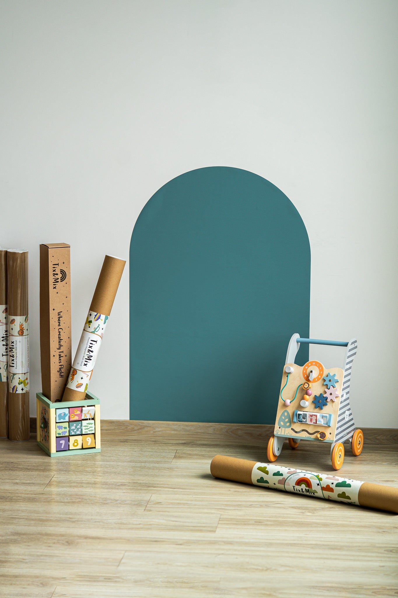A product photo of Tix&mix magnetic wall decal in cyan wave variation.