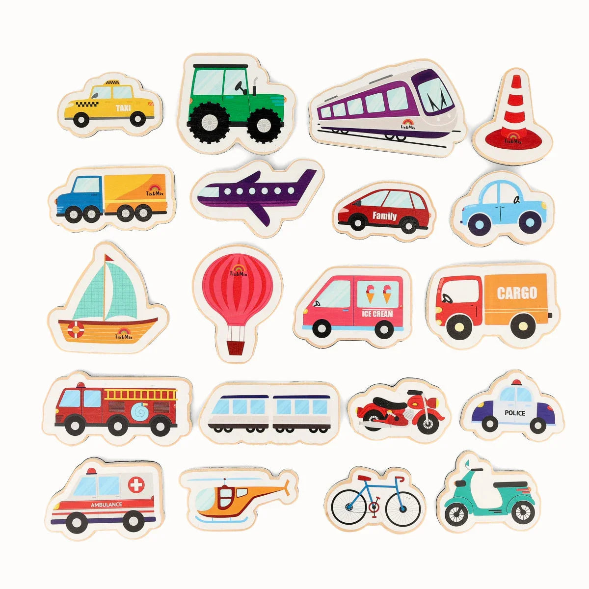 A collection of Tix&Mix wooden magnetic vehicle playset.